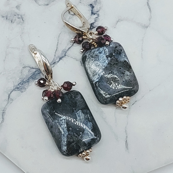 Sterling Silver Larvikite and Garnet Cluster Earrings - Picture 7 of 9